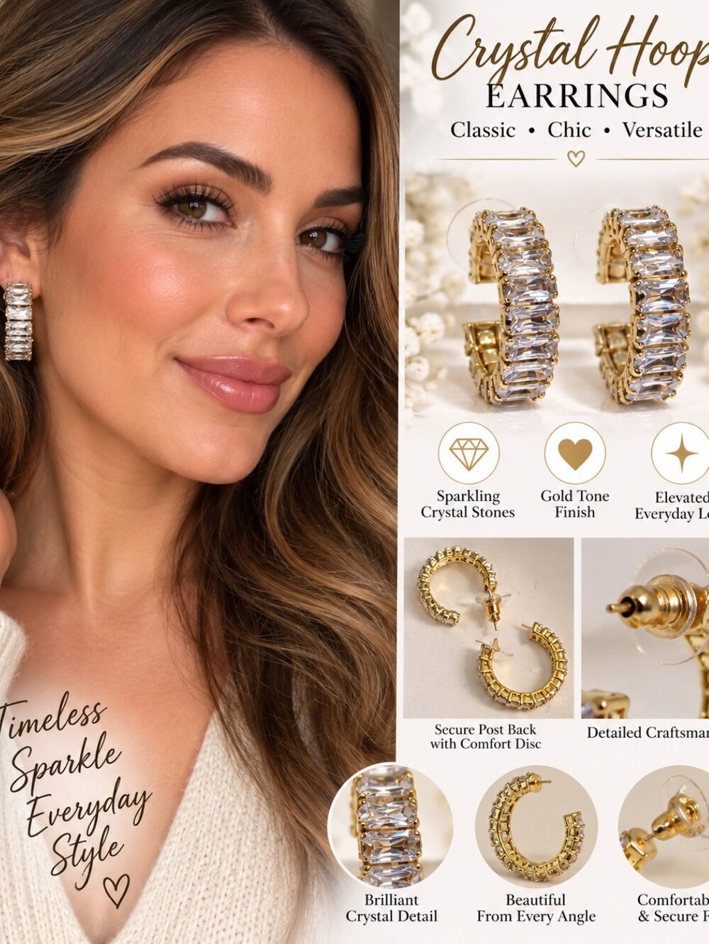 Crystal Hoop Earrings - Gold Tone with Clear Crystals